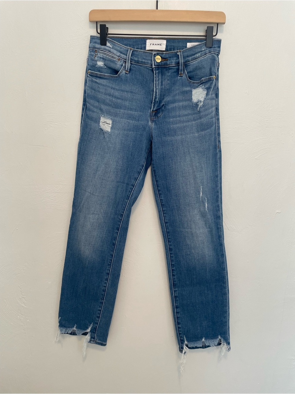 Frame Denim Distressed Le High Straight Blue Jeans with Raw Hem Women’s 27